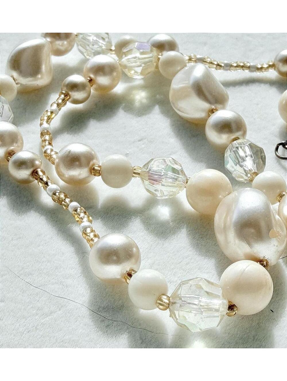 Vintage Faux Pearl Crystal Beaded Necklace Gold - Picture 6 of 6